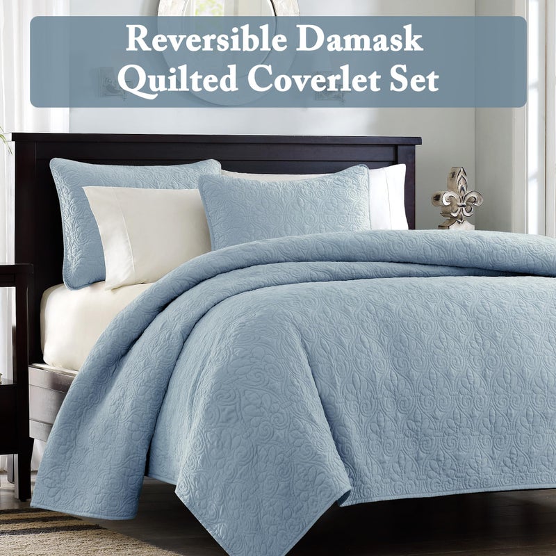 Madison Park Quebec Quilt Set - Luxurious Damask Stitching Design, Cotton Filled Lightweight Coverlet Bedspread Bedding, Shams, Full/Queen(90"x90"), Blue 3 Piece - Image 2
